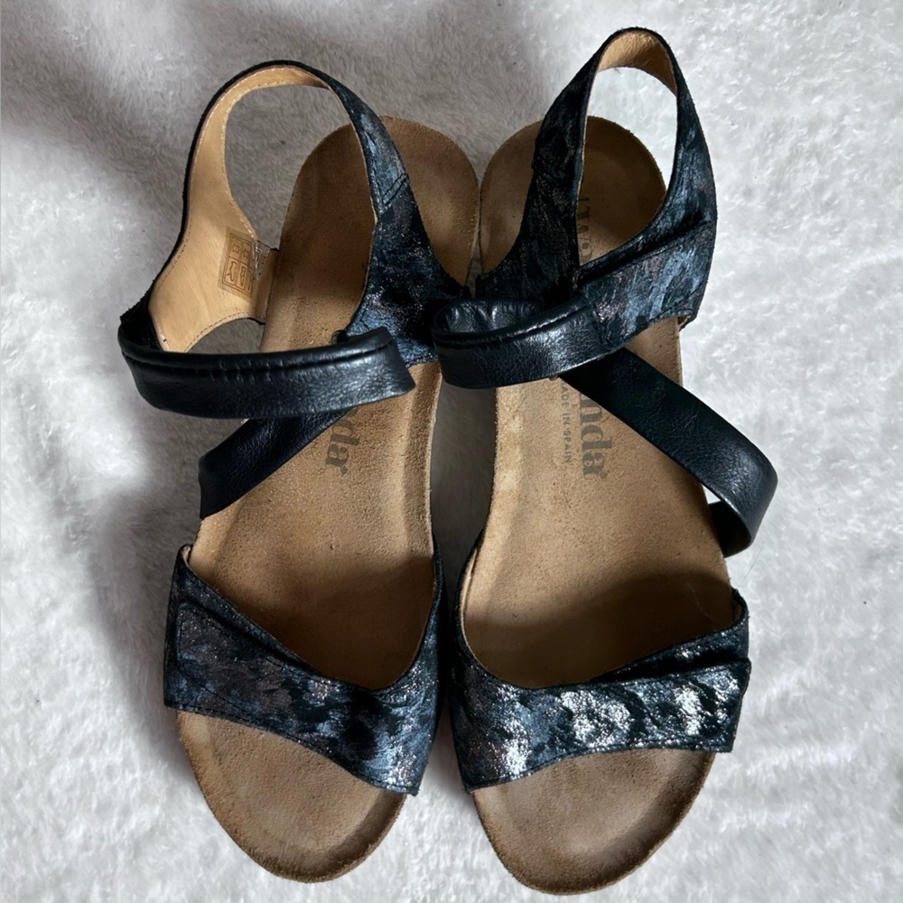 Wandapanda Blue and Silver Leather Adjustable Strap Womens Wedge 2” Heel Sandals